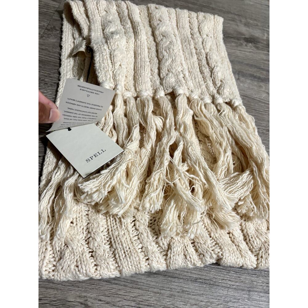 SPELL Ivory Cable-Knit Knit Fringe Rectangle Scarf, 100% Cotton, Women’s